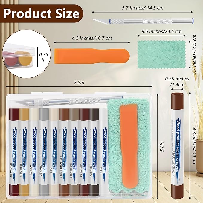 Wood Filler Sticks with 1P Box, 1P Knife, 1P Scraper and 1P Rag, Pletpet 10 Colors Furniture Crayon Touch Up Wood Filler Nail Hole Wax Sticks for Repairing Scratches and Nail Holes (10p)
