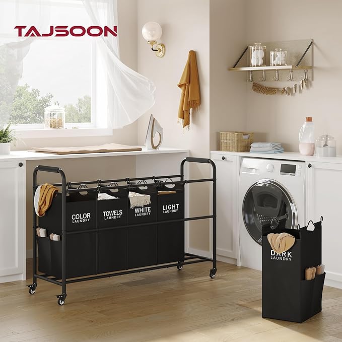 Tajsoon 5 Bag Laundry Sorter Cart, 5 Section Laundry Hamper with Heavy Duty Rolling Lockable Wheels, Laundry Basket Organizer with Removable Bags for Dirty Clothes Storage, Black
