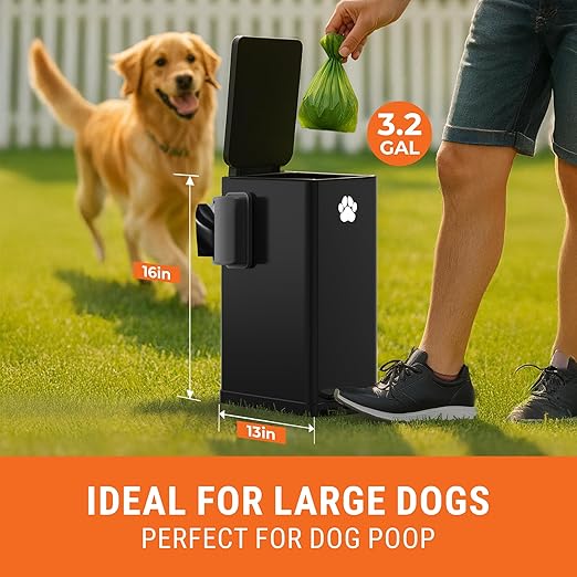 Pupzle Dog Poop Trash Can Outside, 3.2 Gal Metal Dog Waste Trash Can with Lid Outdoor, Waste Container with Pedal Garbage Poop Bin, Poo Bucket Outdoor with Lid for Backyard Odor Control