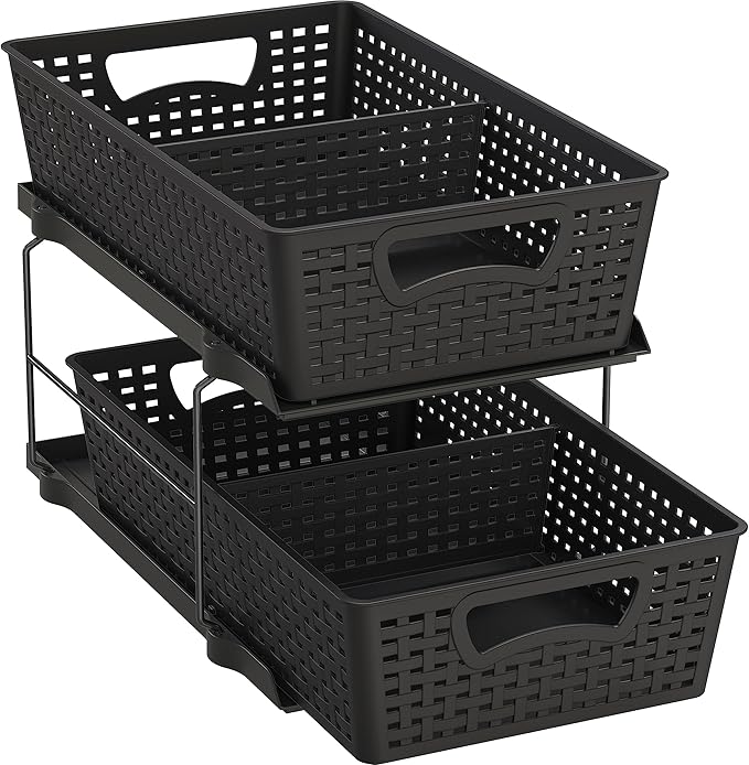 Simple Houseware 2 Tier Bathroom Organizer Tray Pull-Out Sliding Drawer/Under-Sink Storage, Black