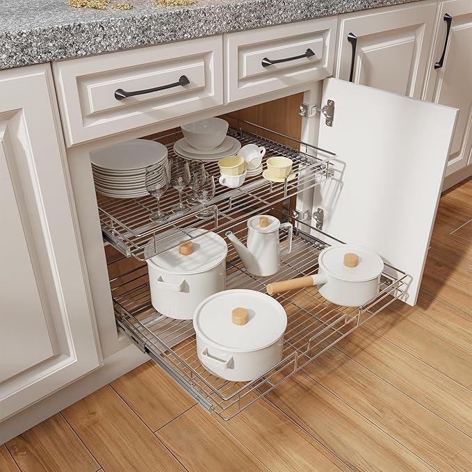 ROOMTEC Individual Pull Out Cabinet Organizer (25½"W x 21½"D), 2 Tier Spice Rack Organizer for Cabinet, Slide Out Drawer Pantry Shelf Organization and Storage for Kitchen Bathroom