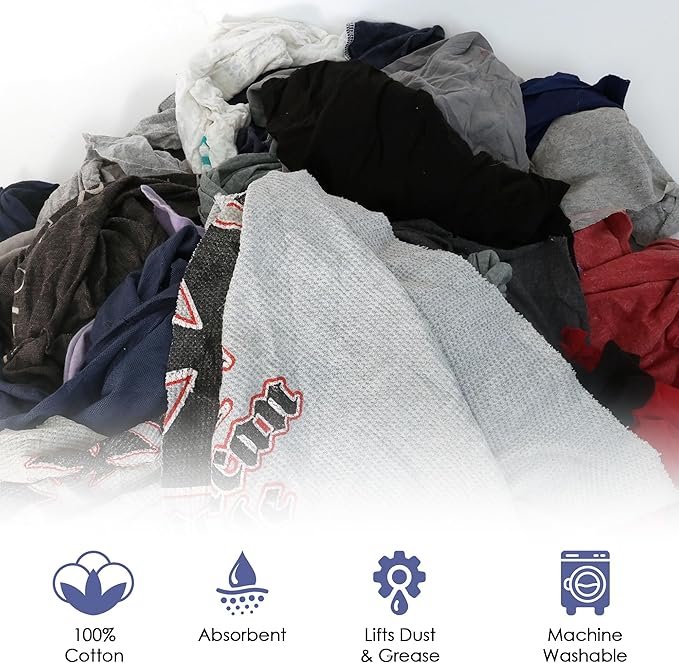 Tshirt Bag of Rags Multicolored (1,500LB, 30x BALES), Cotton Blend, Painting and Multipurpose, Kitchen, Auto, Staining Rags, Shop Cleaning Cloths Bulk, Lint Free Absorbent Washable, 30 bags