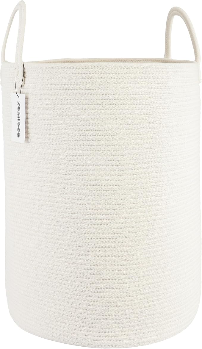 Cotton Rope Laundry Basket Hamper for Clothes Woven Storage Basket for Living Room Bedroom Boho Tall Rope Baskets for Blanket Toys Pillow Towels Baby Nursery Hamper Bin Large white