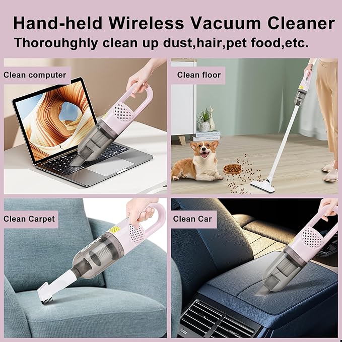 6-in-1 Lightweight Stick Vacuum Cleaner with 100W Powerful Motor, Mini Portable Household Handheld Vacuum Cleaner for Domestic Hard Floors, Carpets and Pet Hair(Pink Cordless)
