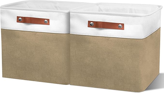 13in Open Fabric Storage Basket with Leather Handles for Organizing, Collapsible Linen Closet Bins for Shelves, Closets, Laundry, Decorative Basket for Gifts. (White＆Khaki, 2PCS/13x13in)