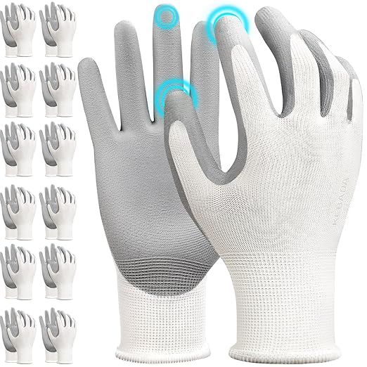 Kebada W1 Work Gloves for Men and Women, 12 Pairs Touchscreen Safety Gloves with Grip, PU-Coated, Ideal for Light & Medium Duty Tasks, White, Medium