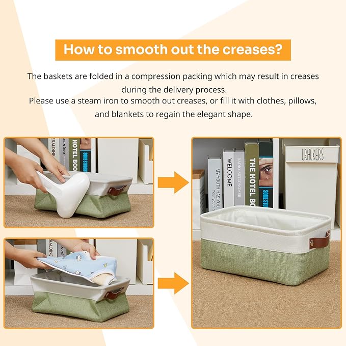 DULLEMELO Small Storage Basket, Fabric Collapsible Gift Storage Basket for Shelves, Closets, Nursery, Home, Office Organizing, Small Canvas Linen Rectangular Storage Bin with Handles (White&Green)
