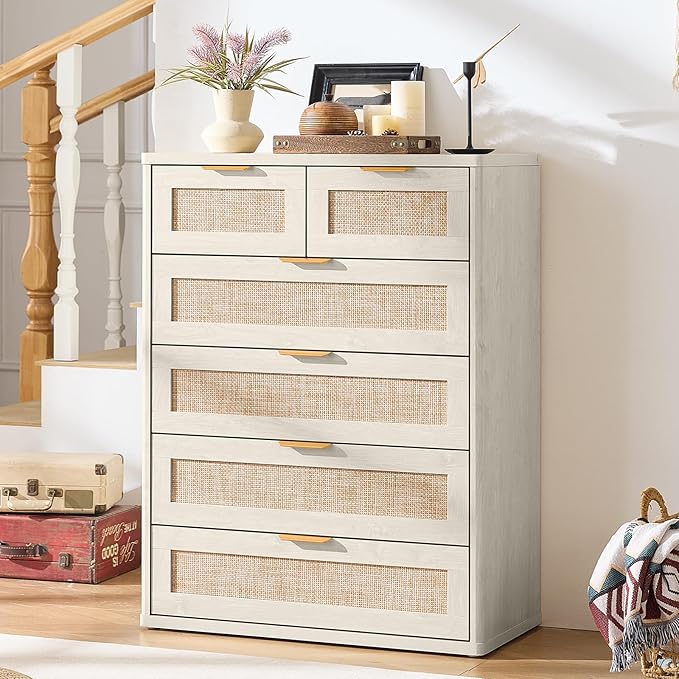 LEYAOYAO White Dresser for Bedroom Set of 2, 42" Tall Chest of Drawers, Modern 6 Drawers Boho Rattan Dressers with Storage, Dresser Wooden Closet Organizer for Living Room, Hallway