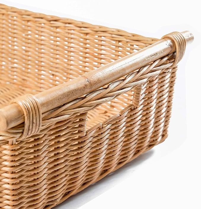 The Basket Lady Low Pole Handle Wicker Storage Basket, Extra Large, 21.5 in L x 14.5 in W x 6.5 in H, Sandstone