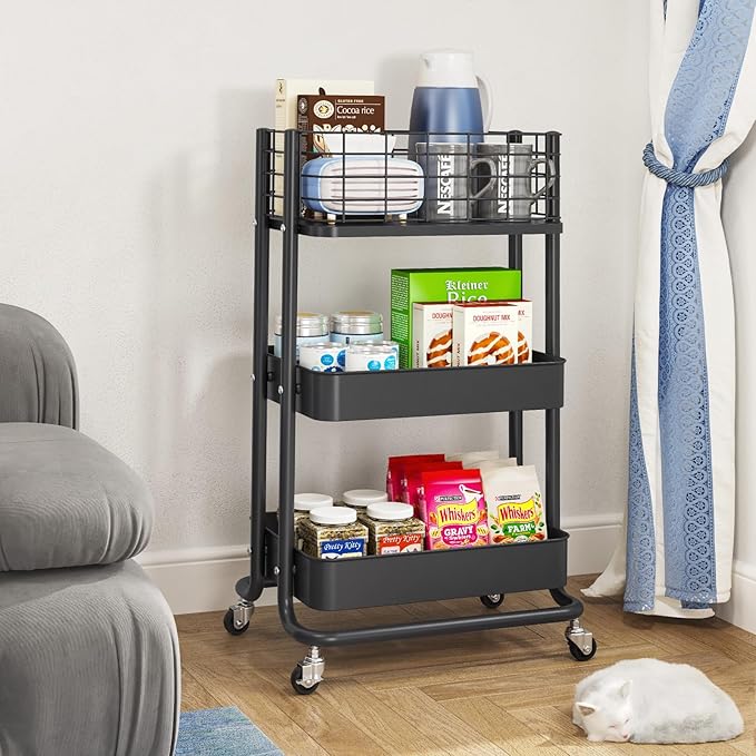 KINGRACK 3 Tier Rolling Cart, Metal Mobile Storage Shelf with Lockable Wheels, Utility Trolley Cart with Wheels, Storage Organizer for Kitchen, Office, Bathroom, Dorm, Black