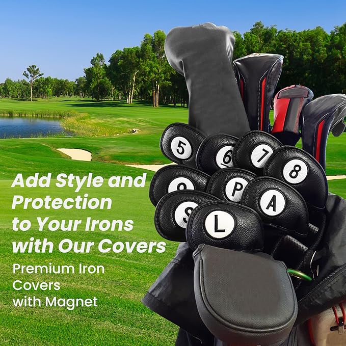 FINGER TEN Golf Club Covers for Irons Magnetic Value 11 Pack, Synthetic Leather Deluxe Head Cover Set Headcovers for Irons Fit Main Iron Clubs