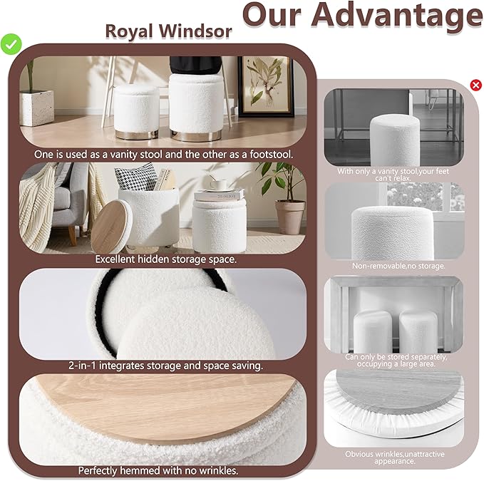 Royal Windsor Boucle Round Ottoman with Storage Set of 2, Vanity Stool with Storage for Bedroom, Ottoman Coffee Table Silver-Tone Ring Around The Base, Small Foot Stool for Living Room, White