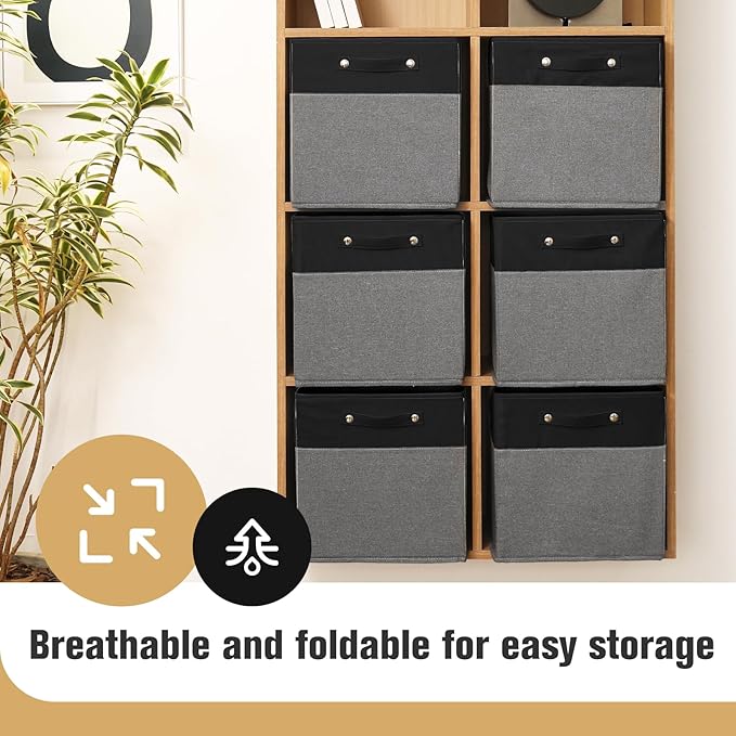 13 x 13 Inch Fine Linen Storage Bins with Handles，Fabric Cube Boxs，Collapsible Basket Organizers for Shelves for Home, Closet Drawers (Black/Gray-4 Pack)