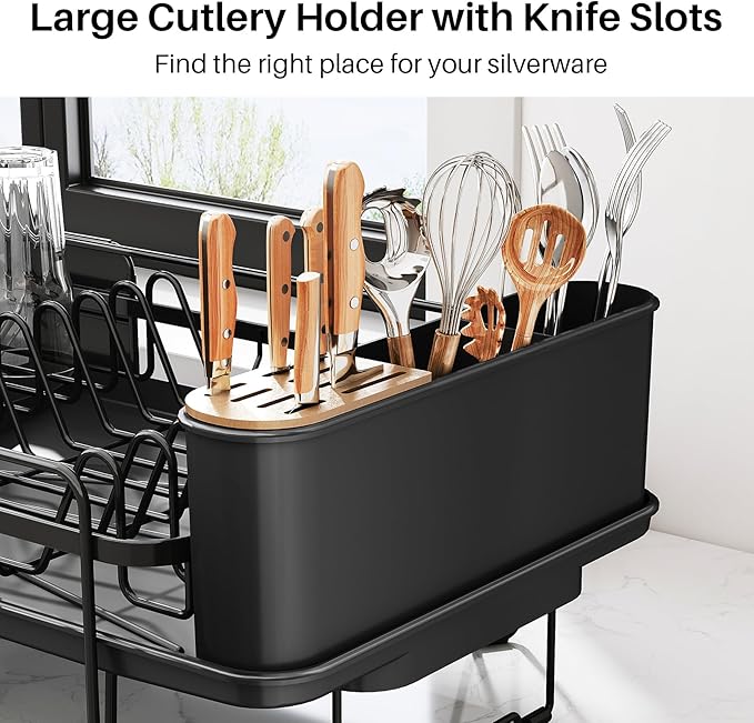 Dish Drying Rack - Large Dish Racks for Kitchen Counter, Expandable Dish Drainers with Cutlery Holder Stainless Steel Rustproof, Black