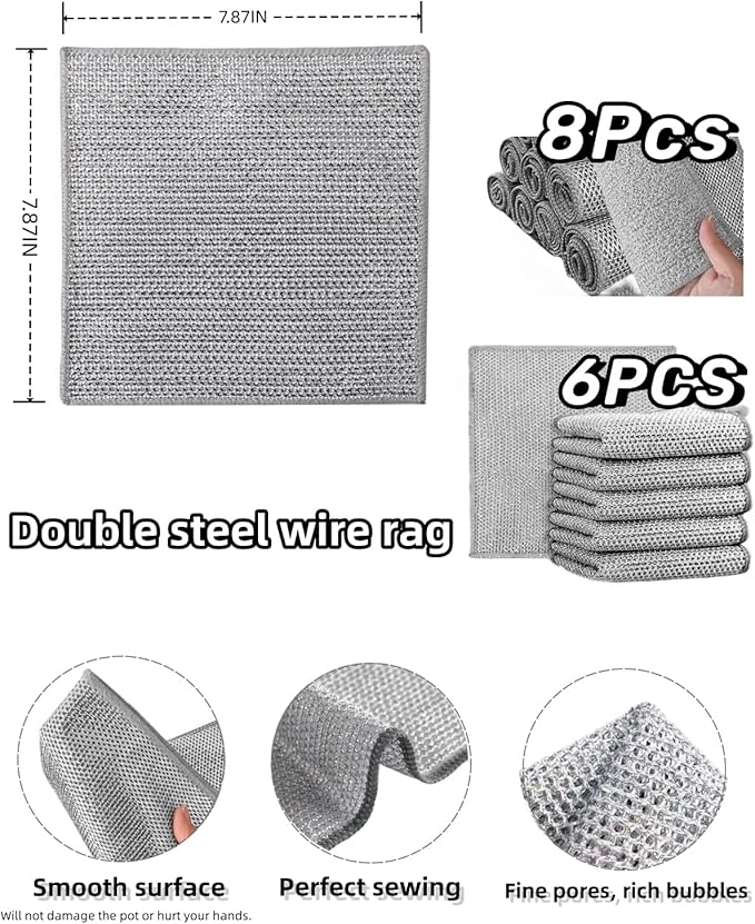 Stainless Steel Scrubber and Cleaning Rags - Non Scratch Wire Dishcloth for Washing Dishes, Steel Wool Scrubber and Dish Towels for Kitchen (6PCS)