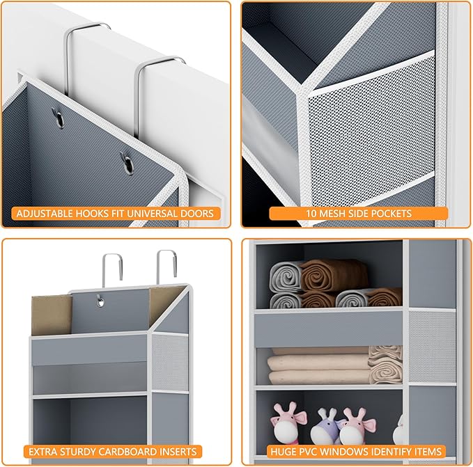 Over The Door Organizer - Over Door Storage Organizer with 5 Large Pockets & 10 Mesh Side Compartments - Heavy-Duty Hanging Storage for Bathroom, Bedroom & Closet - Baby Room Organize Solution