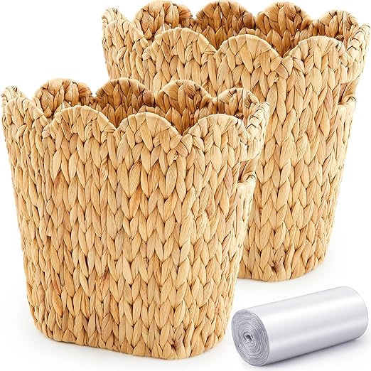 2 Pcs Wicker Trash Can with 50 Small Trash Bag Wicker Waste Woven Basket with Handles Clear Multi Use Garbage Bags for Bathroom Kitchen Bedroom (Calabash Vine,Scalloped Brim)