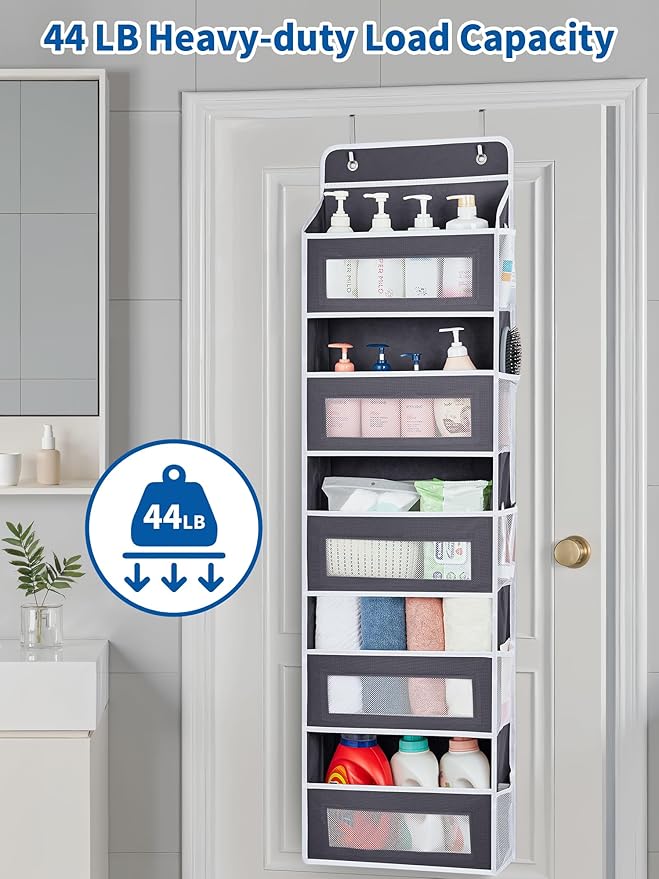 JARLINK Over The Door Organizer, 5 Shelf Door Hanging Organizer with 5 Large Pockets, 44 lbs Weight Capacity Hanging Storage for Bathroom, Bedroom, Nursery, RV, Pantry (Dark Grey)