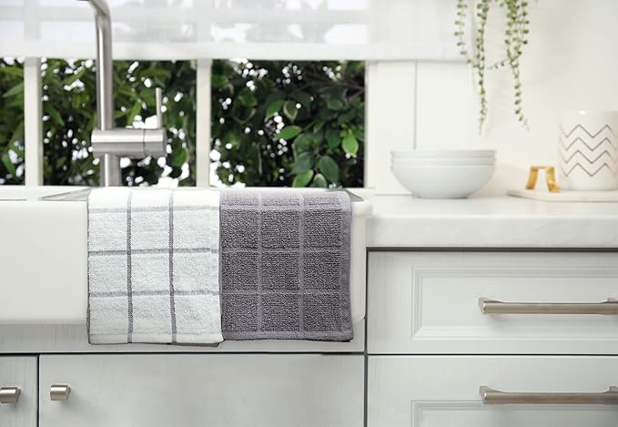 100% Cotton Terry Dish Cloth & Dish Towel, 6 Pack, Super Soft and Absorbent Kitchen Towels, Perfect for Kitchen Cleaning and Dish Washing (Grey (Solid and Checks) 8 Pack)