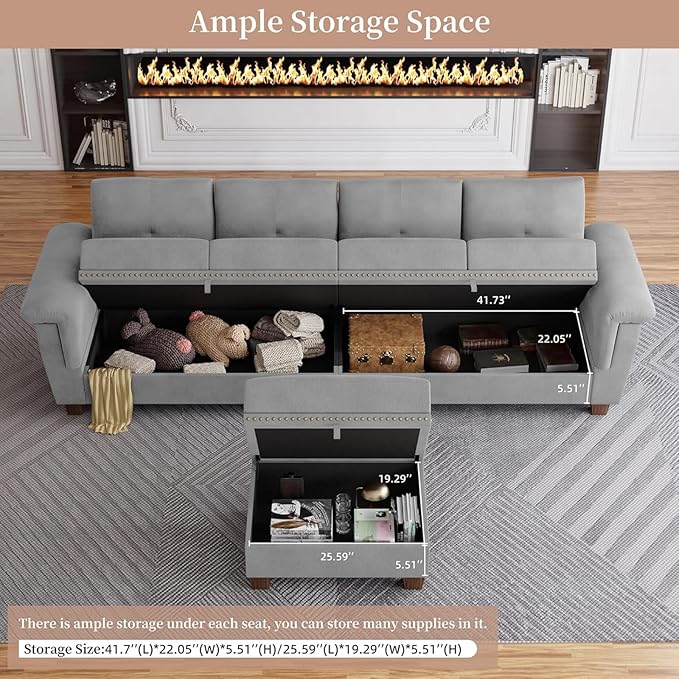 JAMFLY 108" Modular Sectional Sofa with Storage, L Shaped Sofa Couch with Reversible Ottoman, 4-Seat Convertible Sectional Couches with Cup Holders for Living Room, Apartment, Light Grey