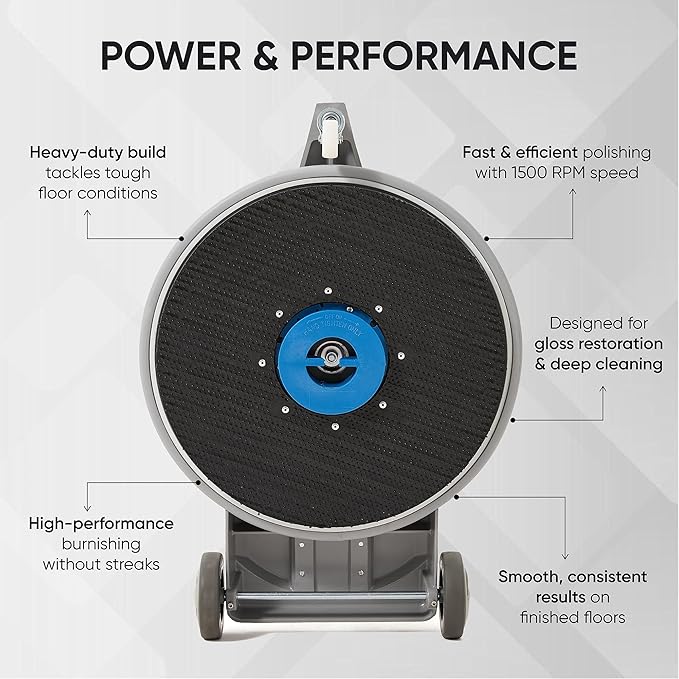 20" High-Speed Commercial Floor Burnisher, 1.5 HP, 1500 RPM, 40ft Cord, Rubber Bumper Guard, with Red, White & Black Pads for Cleaning, Polishing & Stripping