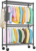 IZEUK 3 Tier Heavy Duty Rolling Garment Rack Wire Clothes Rack for Hanging Clothes, Metal Freestanding Closet Wardrobe Rack with Double Rods and Side Hooks Black 15.7" D x 45.3" W x 79.6" H