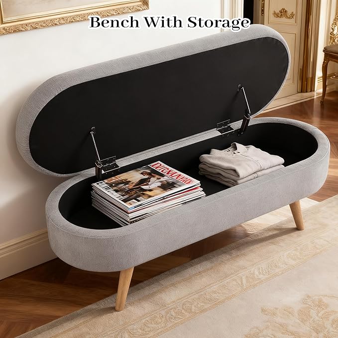Storage Bench, 43" Storage Ottoman Bench for Bedroom, Upholstered Entryway Benches with Seating, Rubber Wood Legs, Shoe Storages Benches for Bedroom, Living Room, Entryway, Bed Side, Grey