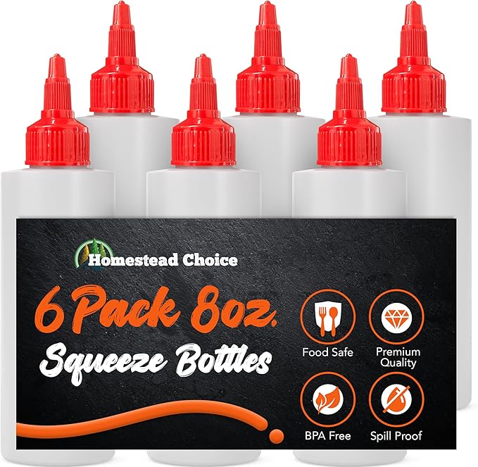 6-pack Plastic Squeeze Bottles for Sauces - 8oz Condiment Squeeze Bottles for Liquids - BPA Free Squirt Bottle with Twist Cap - Ketchup, Syrup, Oil, Dressings, Honey & Arts and Crafts