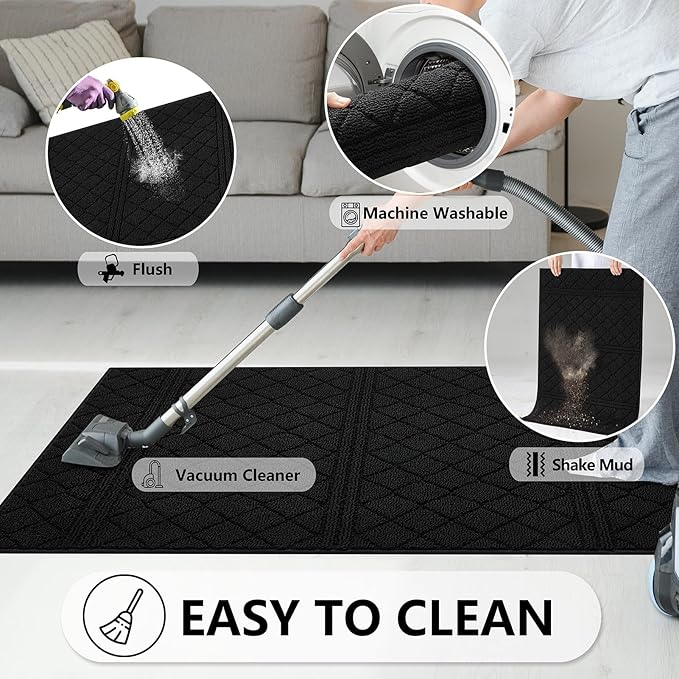 REFETONE Indoor Doormat, Front Back Door Mat 20"x32" Absorbent Rubber Backing Non Slip Door Mats, Low-Profile Resist Dirt Entrance Rugs, Machine Washable Door Rugs Inside Floor Mat for Entryway, Black