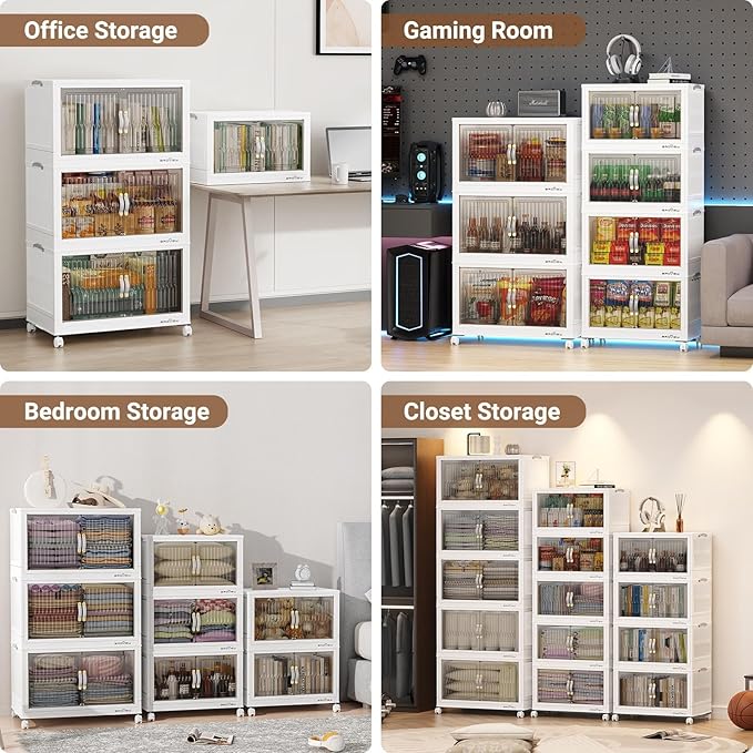 BROVIEW 400Qt Stackable Storage Bins with Lid, Extra Large Closet Organizer Collapsible Drawer Boxes with Wheels, Folding Plastic Cabinet Containers for Home Kitchen Room Organization, 5Pack White