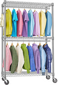 Heavy Duty Rolling Garment Rack 3 Tiers Adjustable Wire Shelving Clothes Rack with 2 Rods and Side Hooks,Storage Closet Clothing Rack with Wheels Chrome 15.7" D x 45.3" W x 79.6" H