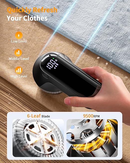 Fabric Shaver, Rechargeable Lint Shaver with Digital Display, Electric Portable Sweater Shaver with 6-Leaf Blades and Safety Lock, 3-Speeds Lint Remover to Remove Pilling for Clothes, Couch, Furniture