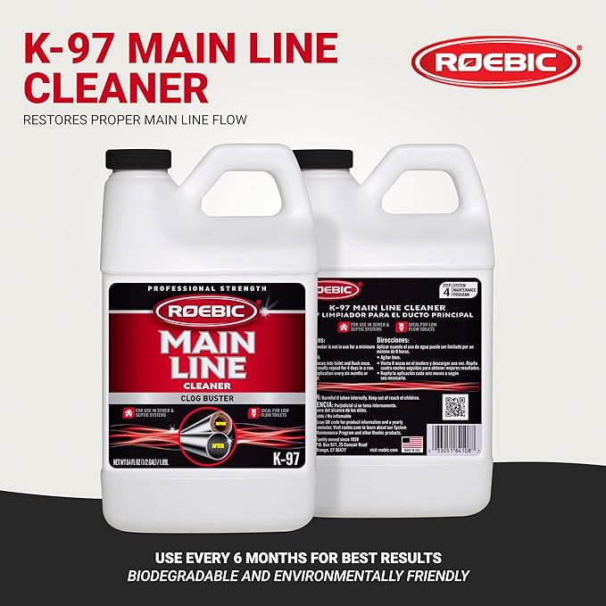 Roebic K-97 Liquid Main Line Cleaner with Bacteria Enzymes, Eliminates Organic Buildup in Sewer/Septic System and Protects from Clogs, Safe for Bathroom Toilet, 64 fl oz