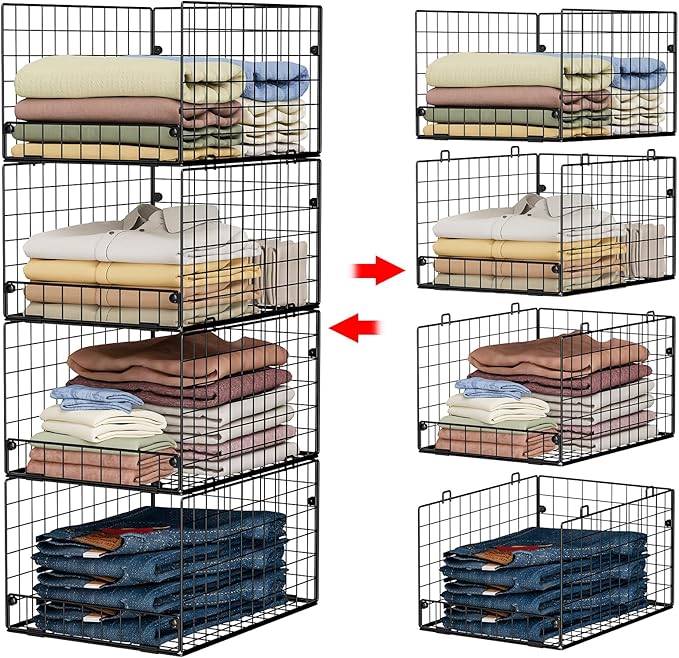 4-Tier Stackable Closet Organizers and Storage Shelves, Foldable Closet Shelf Organizer System, Stackable Storage Bins Drawers for Closet Organizer System, Black(Patent Pending)