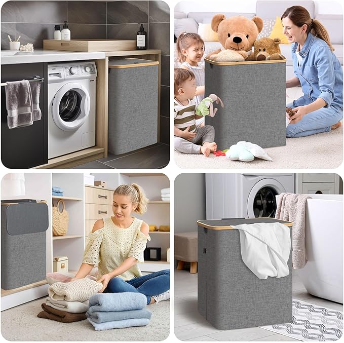 BALEINE Laundry Hamper with Lid, Tall Laundry Baskets with Bamboo Pull Handles, Large Laundry Bin with Internal Support (26 Gal/100L, Grey)