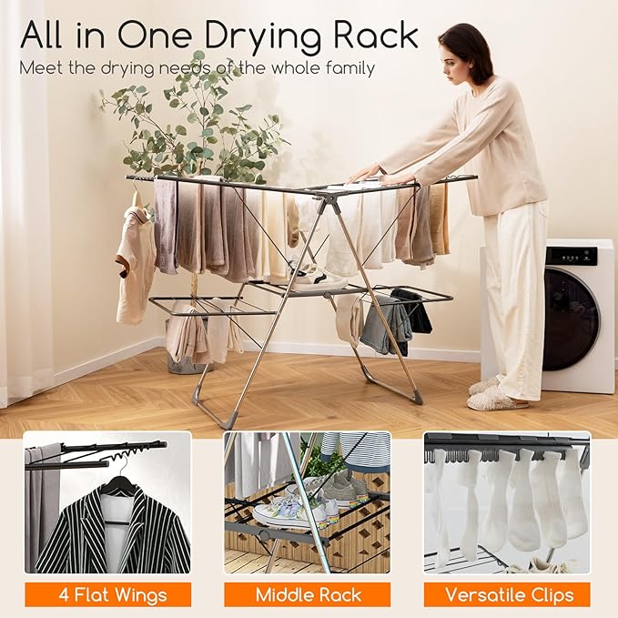 Giantex Clothes Drying Rack, Foldable Laundry Drying Rack with 33 Drying Rails, 3-Level Adjustable Height, Versatile Clips, Wave-Shaped Bars, Collapsible Freestanding Airer for Indoor Outdoor