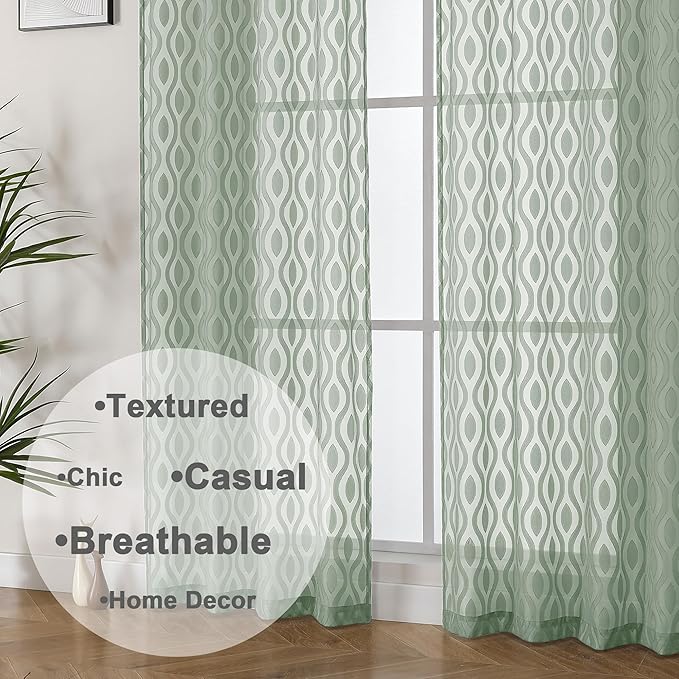 Aiyufeng Green Sheer Curtains 72 Inches Long 2 Panels Set, Lightweight Clip Jacquard Textured Sheer Privacy Curtains for Bedroom Living Room, Classic Wavy Line Design Door Curtains, 40" Wx72 L Inches