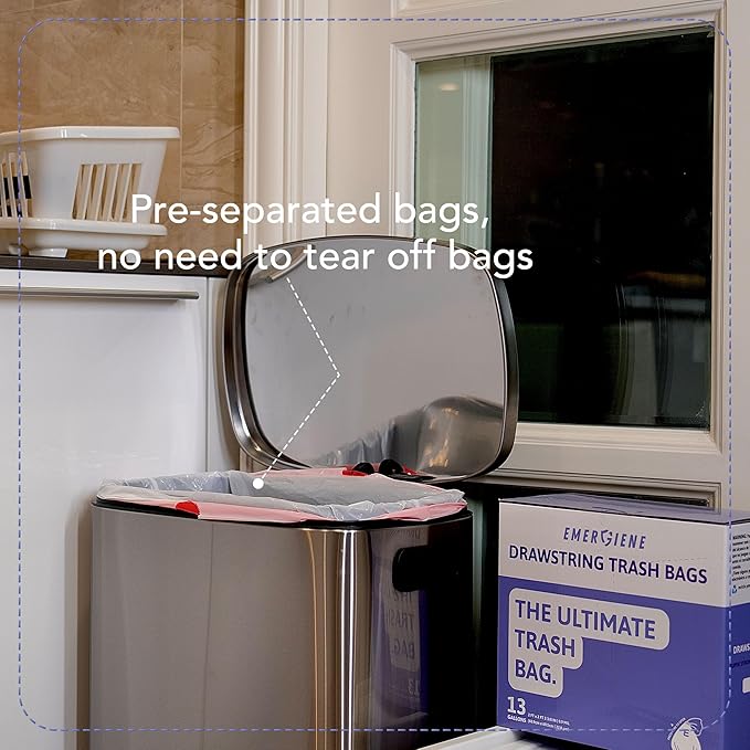 13 Gallon Drawstring Trash Bags, Lavender Scented 200 Count Tall Kichen Garbage Bags, Pre-Separated, Odor Control, Ultra Strong, Leakproof, Sturdy, White