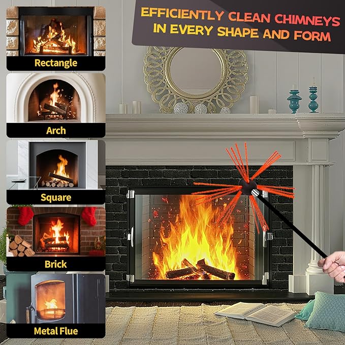 33 Feet Chimney Sweep Kit, Chimney Cleaning Kit with 10 Flexible Black Chimney Rods, Chimney Brush for Sweeping Fireplace, Rotary Chimney Cleaning System Driven by Drill