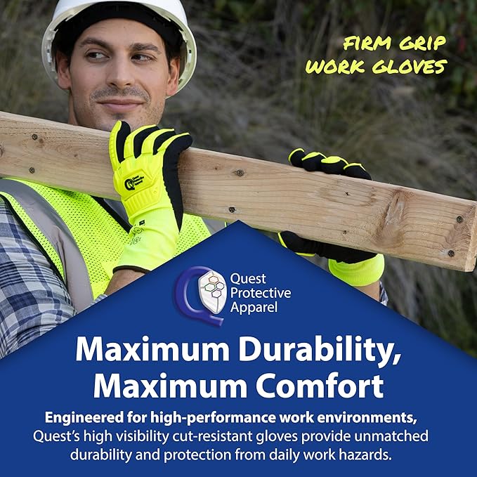 Quest Protective Apparel - High Visibility Cut Resistant Work Gloves - Puncture Resistant Safety Gloves for Men and Women X Large, 1 Pair