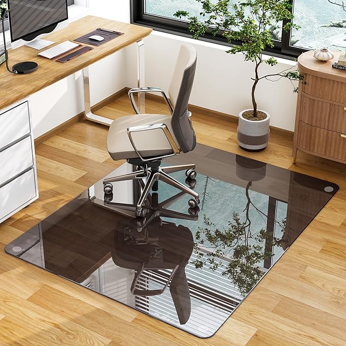 GLSLAND 46" × 55" [Tempered Glass] Chair Mat – Durable Office Chair Mat on Carpet with 0.2" Thickness, 4 Non‑Slip Pads, Sleek & Sturdy Matte Gray Finish, Smooth Glide & Easy Clean, Blue & Grey