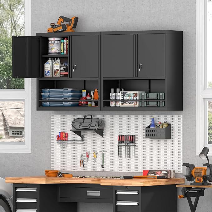 Locking Cabinet, Black Wall Storage Cabinet with Shelves, Hanging Cabinets with Open Storage, Small Wall Cabinet, Lockable Tool Cabinet for Basement, School, Office