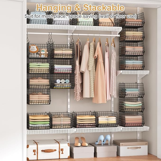 6 Tier Closet Hanging Organizer, Clothes Hanging Shelves with 4 Hanging Hooks 5 S Hooks, Wire Storage Basket Bins, for Clothing Sweaters Shoes Handbags Clutches Accessories Patent Design-Black