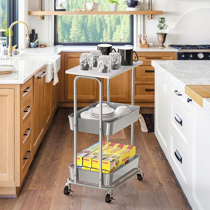 Simple Houseware 2-Tier Rolling Utility Cart with Lockable Wheels and Wood Top, Metal Storage Organizer Trolley for Kitchen, Bathroom, Office, Craft Room, White