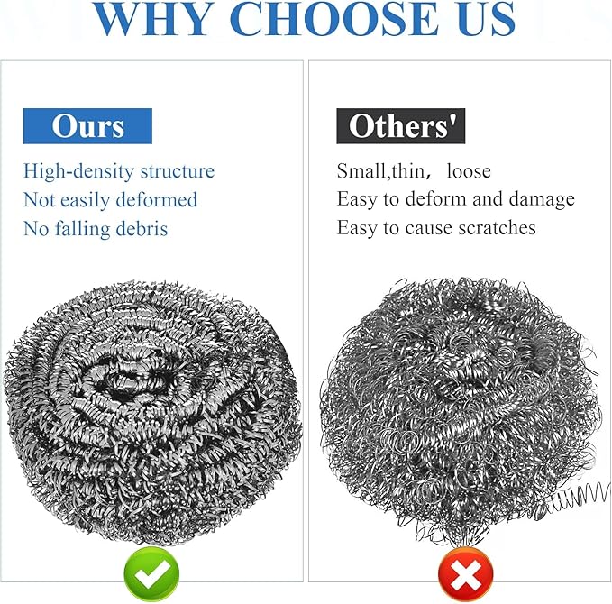 40 Pcs Stainless Steel Scrubber Bulk, Heavy Duty Steel Wool Scrubber 40 Gram, Large Metal Sponge Wire Scouring Pad for Tough Cleaning Kitchen Cookware, Removing Rust Dirty