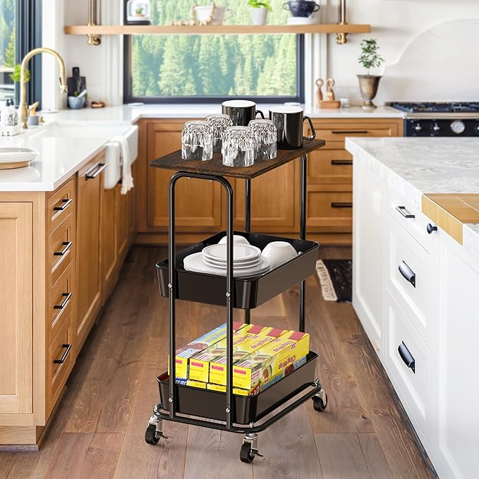 Simple Houseware 2-Tier Rolling Utility Cart with Lockable Wheels and Wood Top, Metal Storage Organizer Trolley for Kitchen, Bathroom, Office, Craft Room, Rustic Brown