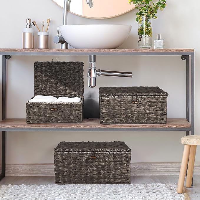 Wicker Storage Baskets with Lids and Handles, Hand Woven Rattan Storage Bins Box, Set 3 Black Water Hyacinth Decorative Large Small Basket Container for Shelves, Bathroom Organizing