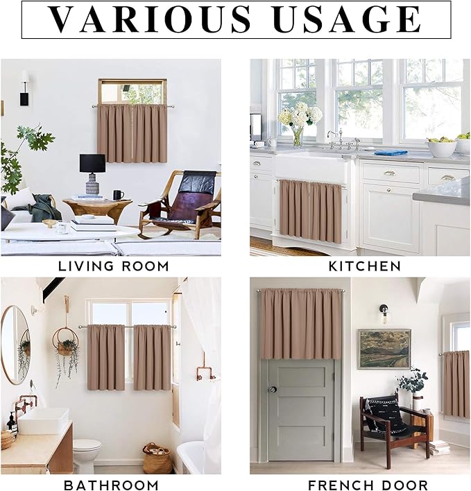 RYB HOME Short Curtains for Small Window, Energy Efficient Window Curtain Panels Room Darkening Shade Tiers Pair for Kitchen Nursery Kids Bedroom, 42 inch Width x 30 inch Length, Mocha, 2 Pcs