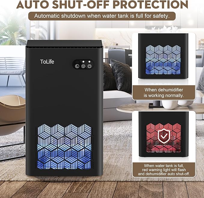 ToLife Dehumidifier for Home, 1000 sq.ft Dehumidifiers for Basement Bedroom Bathroom with 95 OZ Water Tank, Auto Shut Off 7 Colors LED Light, Black