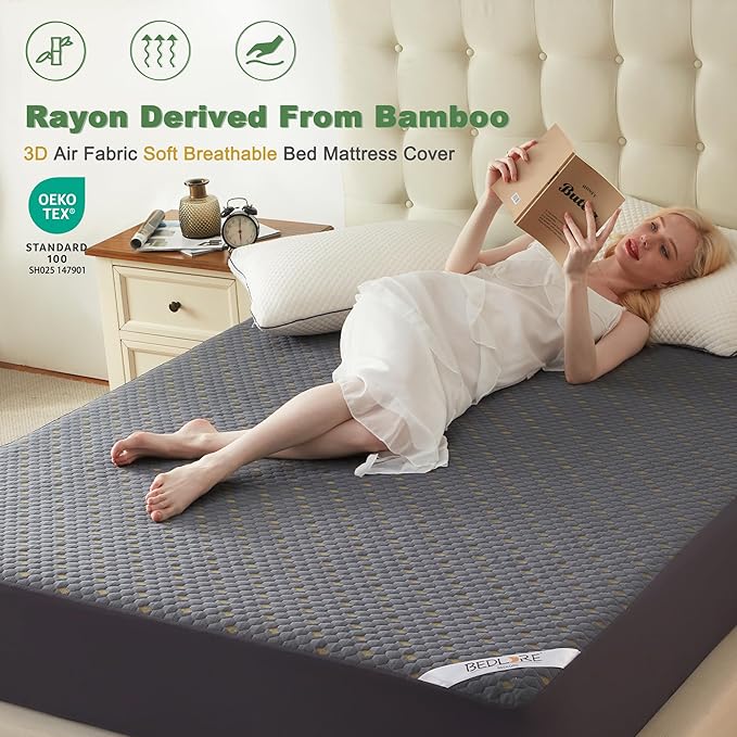 Waterproof Mattress Protector, Queen Size Mattress Pad Fitted 6"-18" Deep Pocket, 3D Air Fabric Breathable Bed Mattress Cover Noiseless Washable for Bedroom, Hotel(Carbon Gray)
